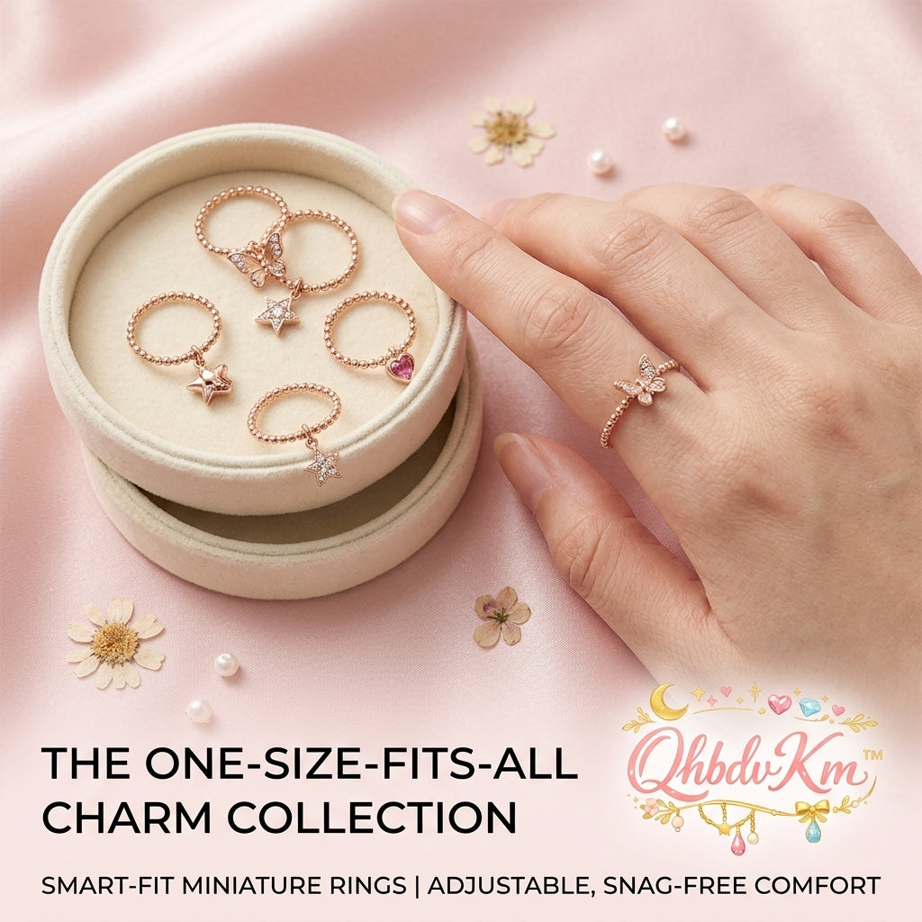 QhbdvKm™ Dainty Charm Ring Collection – Adjustable One-Size-Fits-All Stackable Rings – Lightweight Rose Gold Butterfly, Star & Heart Rings, Snag-Free Comfort Jewelry for Everyday Wear