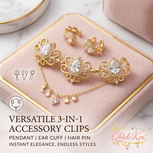QhbdvKm™ 3-in-1 Versatile Accessory – Elegant Crystal Statement Piece | Convertible Ear Cuff, Hair Pin, & Pendant Jewelry Set – Gold-Tone Filigree Design with Charm Accents
