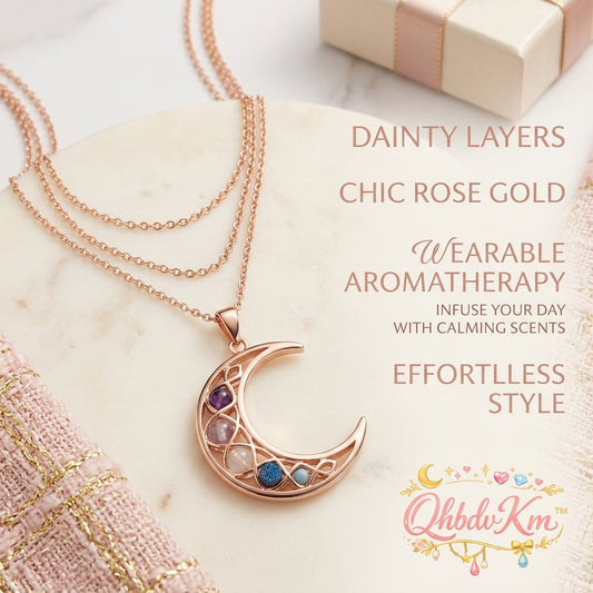 QhbdvKm™ Rose Gold Moon Aromatherapy Necklace – Dainty Layered Essential Oil Diffuser Jewelry – Elegant Moon Pendant for Calm & Wellness – The Perfect Gift for Her