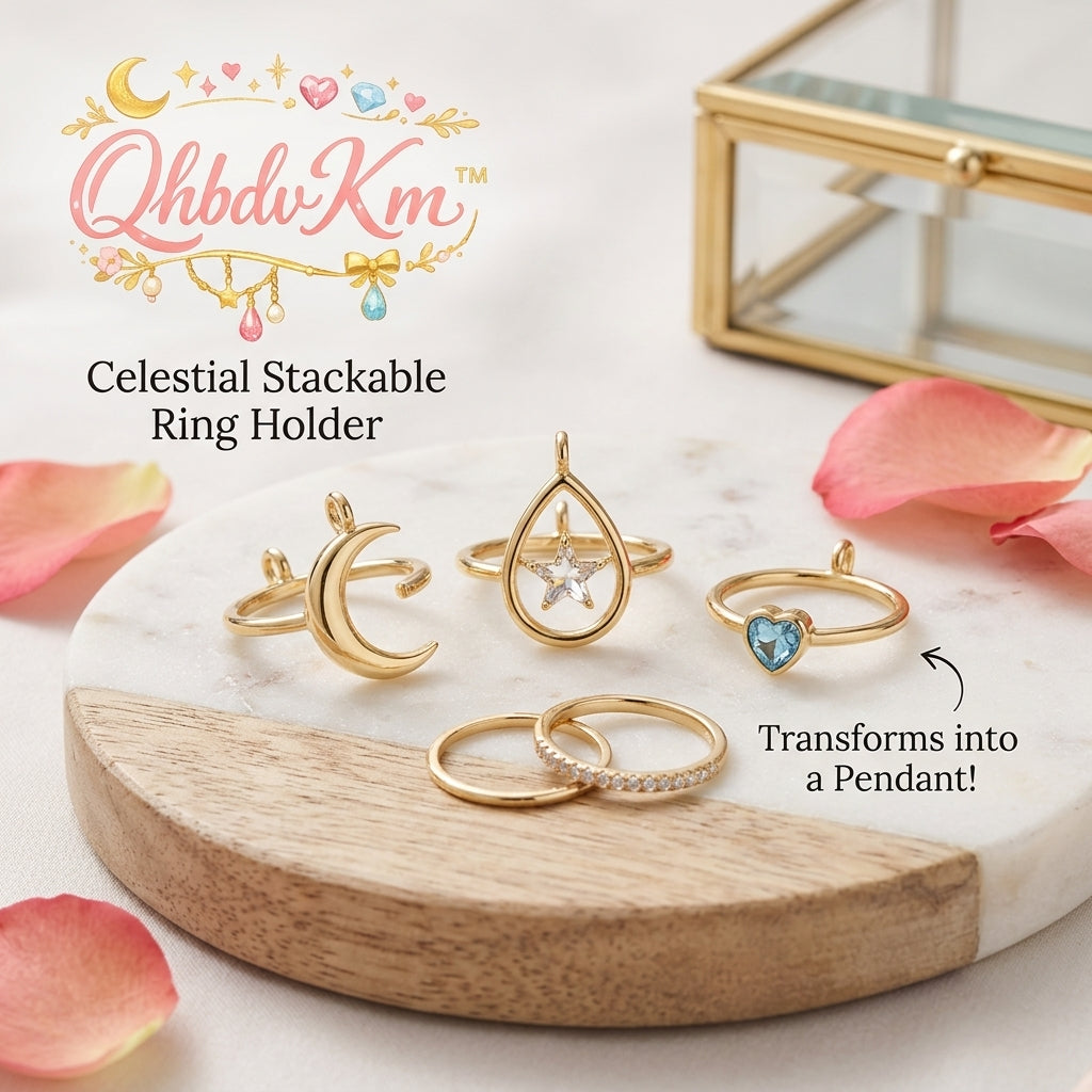 QhbdvKm™ Celestial Stackable Ring Holder Set – Convertible Gold Rings & Pendants, Moon, Star & Heart Jewelry for Women, Minimalist Stacking Band Set