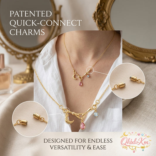 QhbdvKm™ Patented Quick-Connect Charm Necklace | Modular 18K Gold Plated Interchangeable Pendant Necklace with Celestial Crescent Moon, Pink Teardrop & Blue Gemstone | Versatile Personalized Gift for Women